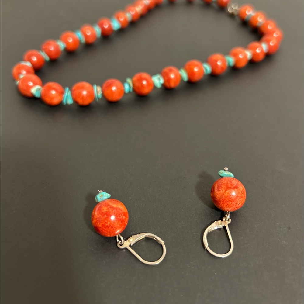 Vibrant coral look red beads with turquoise spacers necklace set